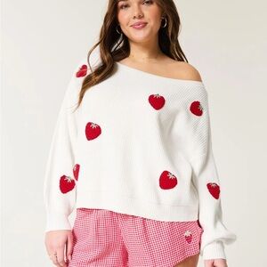 Hollister Off-Shoulder White Sweater with Red Accents